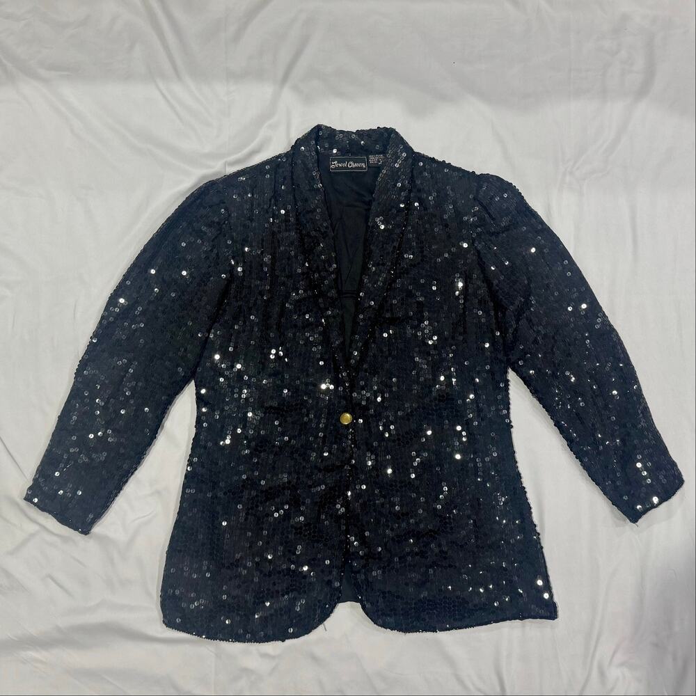 Vintage 80s Black Sequin Silk Oversized Blazer Statement Evening Jacket M